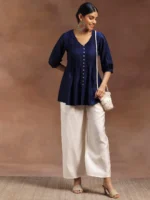 Blue Woven Design Silk Blend A-Line Kurti - Image 4