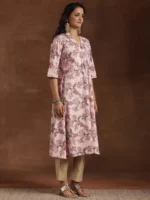 Pink Printed Cotton A-Line Kurta - Image 2