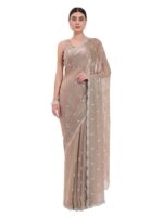 Women's Beige Organza Crushed Siroski Work Embellished Border Saree With Unstitched Blouse