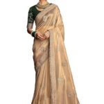Shimmer Net Gold-coloured saree featuring an all-over heavy gold zari butta and sequence work on body decorated with border with contrast navy blue piping