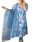 Women's Sky Organza with Cotton Lining Embroidered and Printed Straight Kurta with Rayon Pant and Organza Laced Dupatta Sets