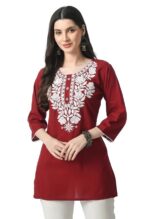 Kurti for Women - Short Chikankari Kurtis for Girls, Lakhnawi Tunic Top Kurta Design for Ladies, Woman Ethnic Kurthis & Shirt with Sleeve, Plain Straight Embroidery for Office