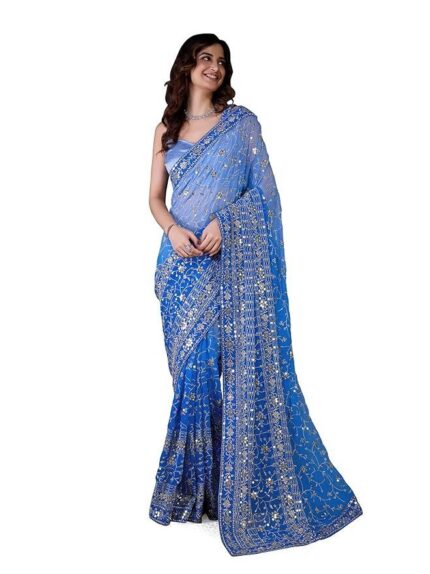 Women's Georgette Sequin Embroidery work Saree with Unstitch Blouse Piece