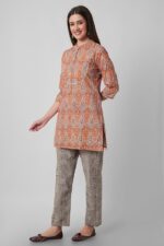 Women's Cotton Short Kurta with Pants - (Orange) - Image 4