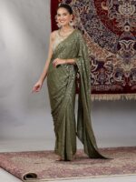 Gold and Green Sequin Embellished Crop Top and Pre-Stitched Saree (Set of 2) - Image 4