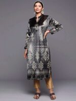 Grey Printed Velvet Straight Kurta