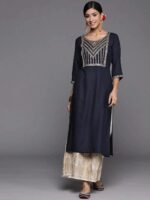 Navy Blue Yoke Design Rayon Straight Kurta