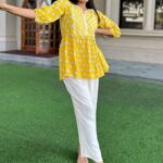 Yellow Printed Cotton A-Line Kurti